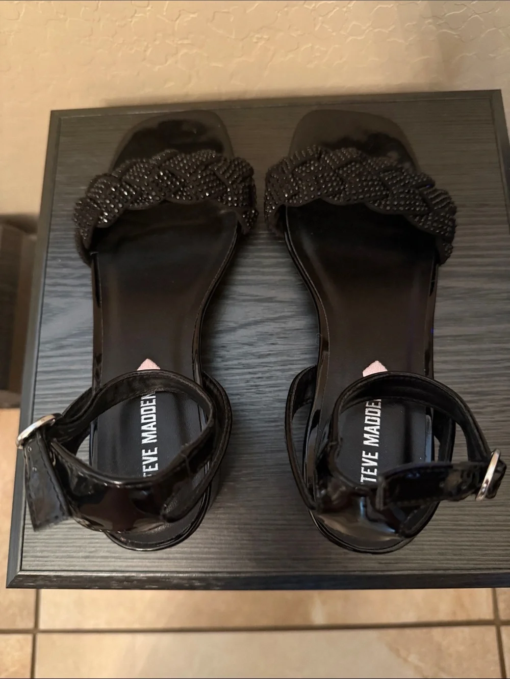 Steve Madden Black Braided Bead Strap Heeled Sandals